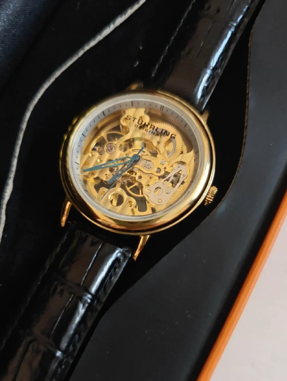 Unisex Watches ⌚.Stuhrling Original Gold Skeleton Watch with Black Leather Strap